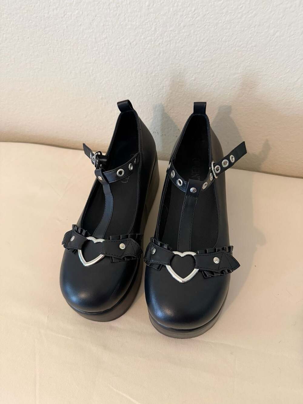 Celnepmo Lolita Heart Buckle T-Strap Wedge Platform Mary Janes
